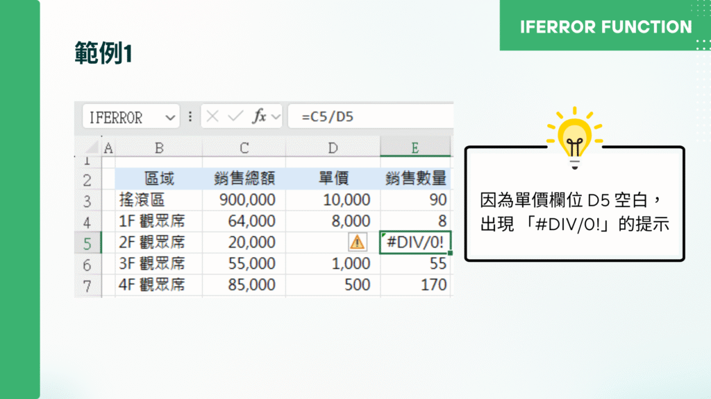 如果公式評估為錯誤,要傳回的值。 評估下列錯誤類型:#N/A、#VALUE!、#REF!、#DIV/0!、#NUM!、#NAME?或 #NULL!