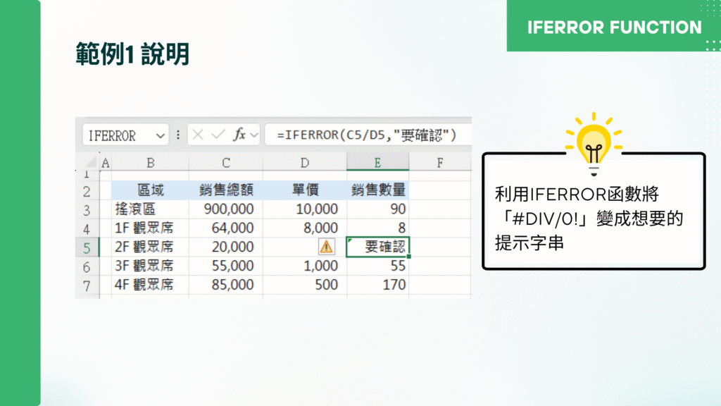 如果公式評估為錯誤,要傳回的值。 評估下列錯誤類型:#N/A、#VALUE!、#REF!、#DIV/0!、#NUM!、#NAME?或 #NULL!