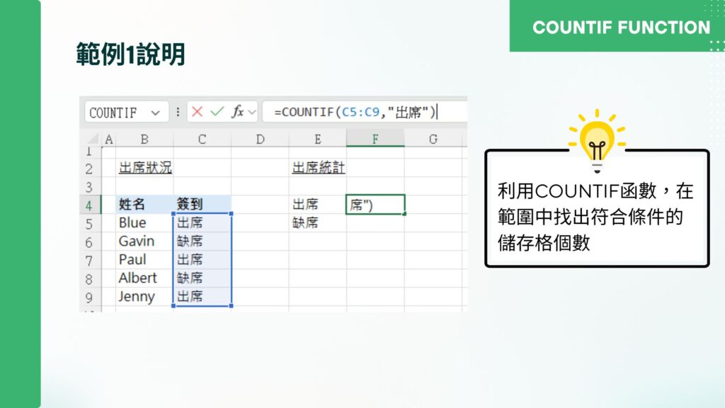 COUNTIF函數範例說明