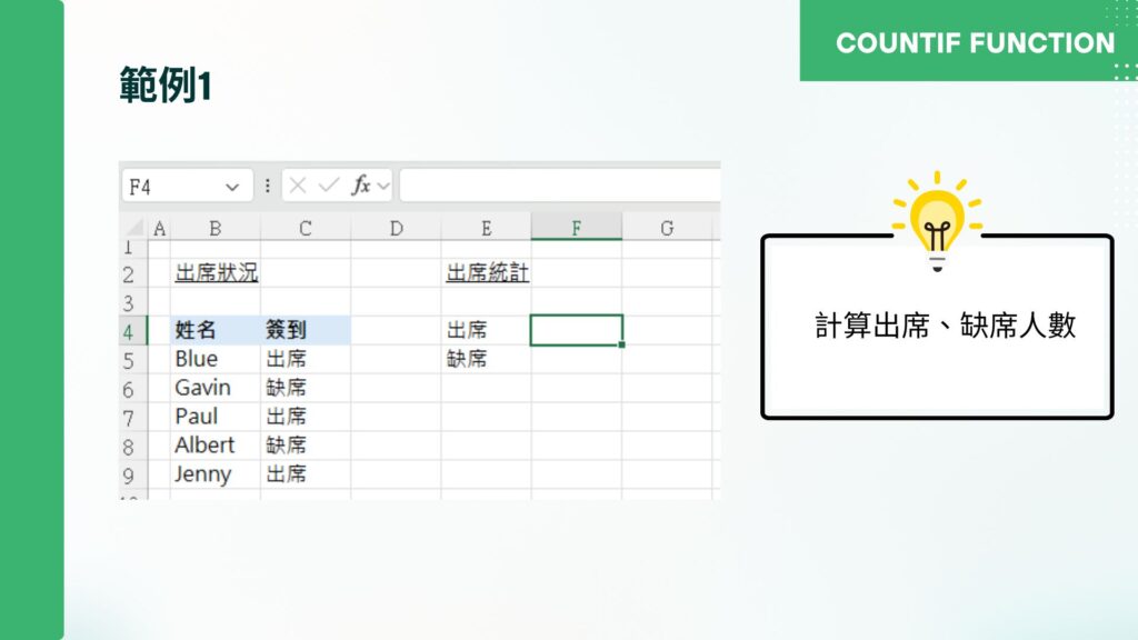 使用COUNTIF函數計算符合規則的儲存格數目