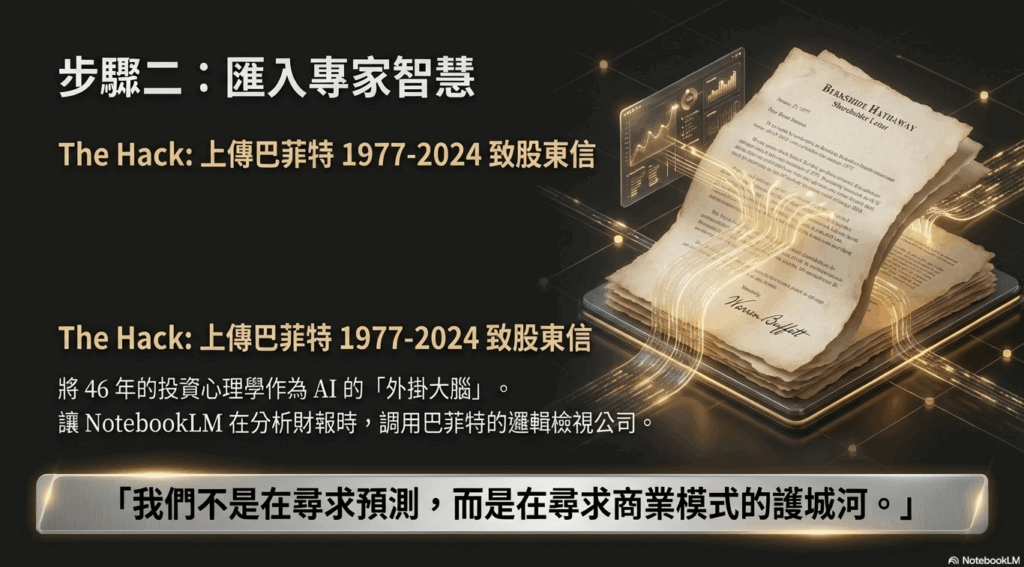 把華倫・巴菲特歷年寫給股東的信一起丟進去，讓 AI 不只是「會算數字」，而是用一套成熟的投資思維來分析