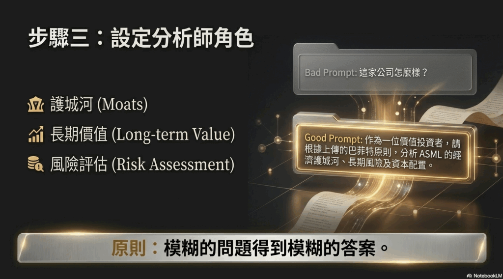 設定 AI 的角色。你可以直接跟它說：「請你用巴菲特的投資原則來分析這家公司。」這樣，AI 在回答問題時，就會特別關注護城河、長期價值，而不是短期波動