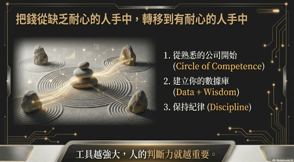 巴菲特說過一句話：「股市的設計，就是把錢從沒耐心的人手上，轉移到有耐心的人手上。」AI 可以幫助你看清楚資料，但投資，終究還是心理戰。