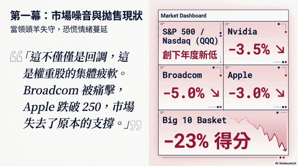 這個關鍵的觀察告訴我們一個令人驚訝的真相：市場的整體健康狀況不能單純由頭條指數來判斷。當那些權重最大、最具影響力的股票開始顯露疲態時，即使指數依然堅挺，這也可能是一個深層問題的預兆，最終將會對整個市場產生衝擊。