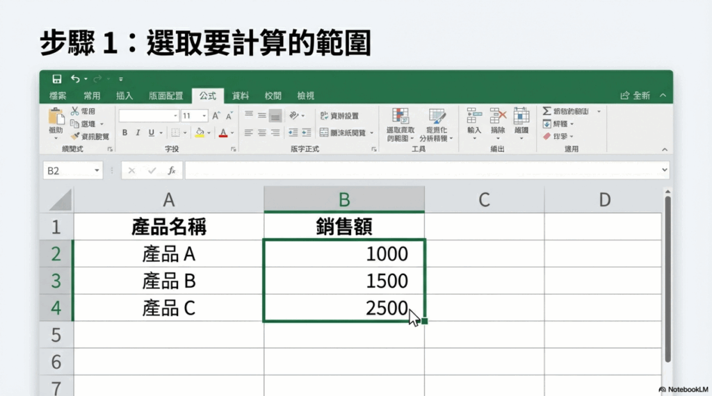 首先，用滑鼠選取您想要計算的數據範圍